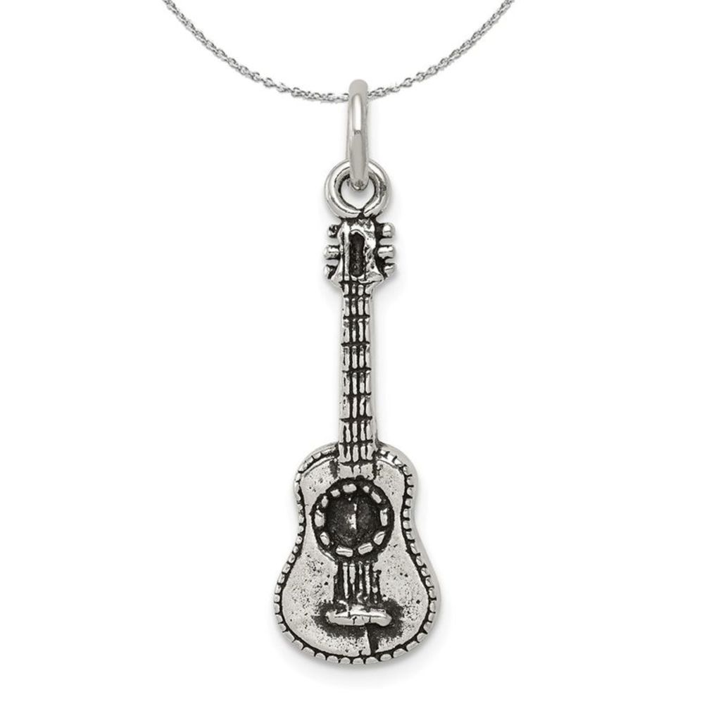 Sterling Silver 3D Antiqued Acoustic Guitar Necklace - 16 inch